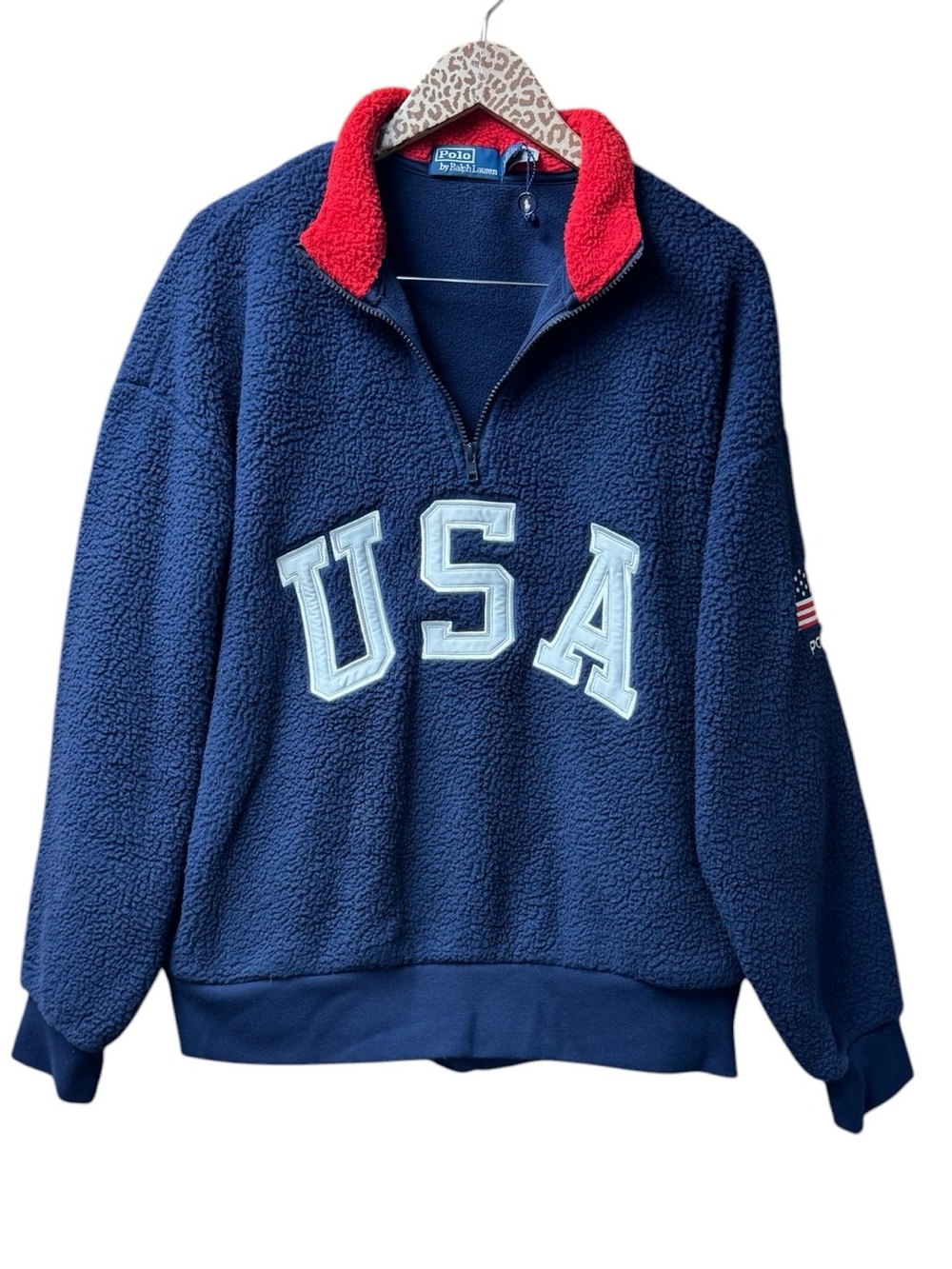 Polo Ralph Lauren Relaxed Fit Flag Fleece Pullover 1/4 Zip USA Blue Large Unisex - Picture 4 of 16